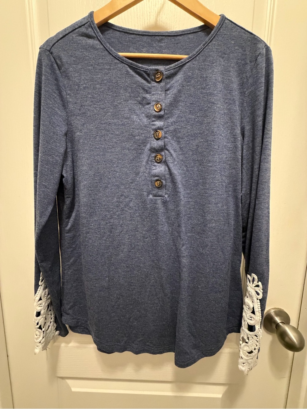 Crochet Cuff Long-Sleeve Henley Top in Blue